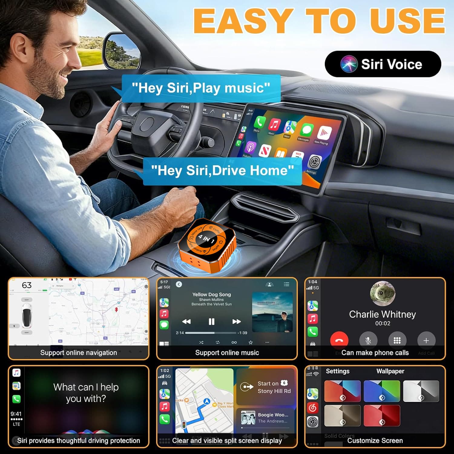 Car 4-in-1 Wired to Wireless CarPlay Adapter, No Data Cable Required, Apple and Android Phone Car Screen Mirroring