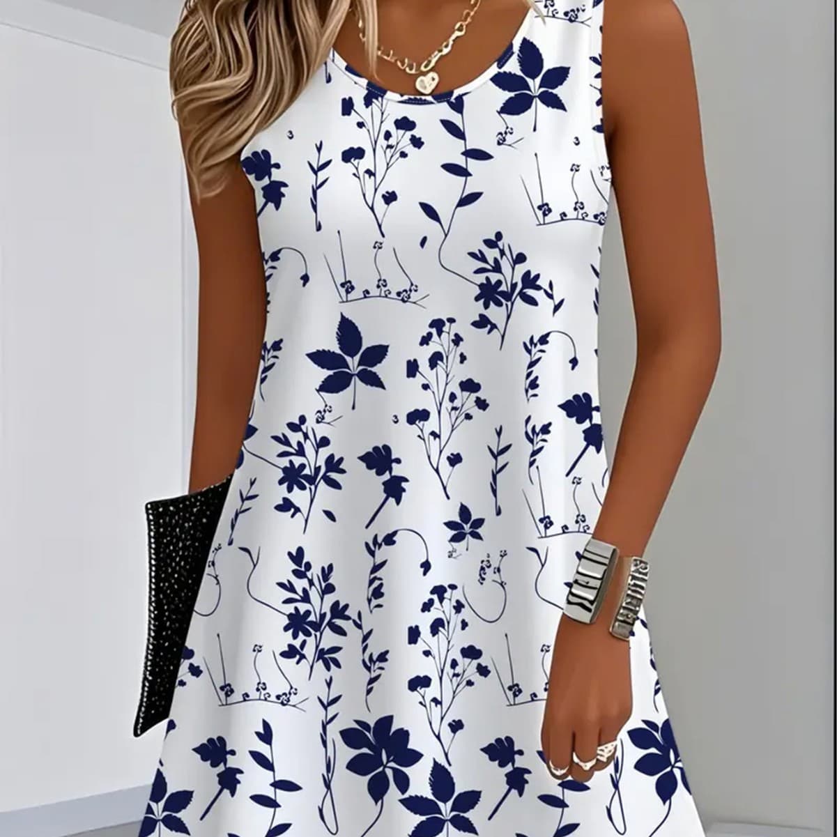 Women's Floral Dress - Navy Blue Floral Pattern Summer Fashion Casual Round Neck