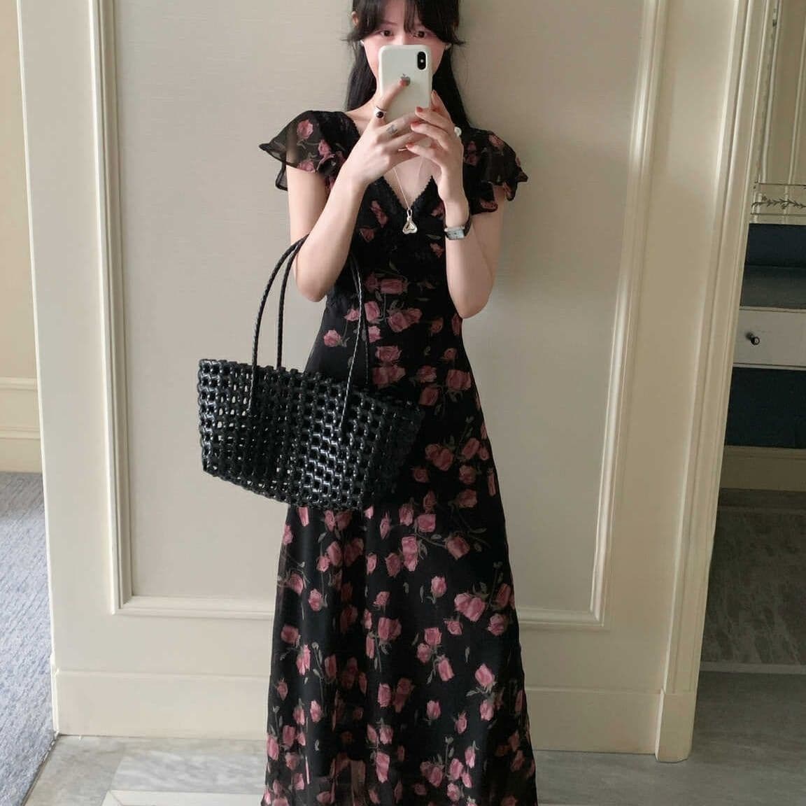 French dress summer new style rose flower elegant slim collar small flying sleeves floral waist slimming temperament