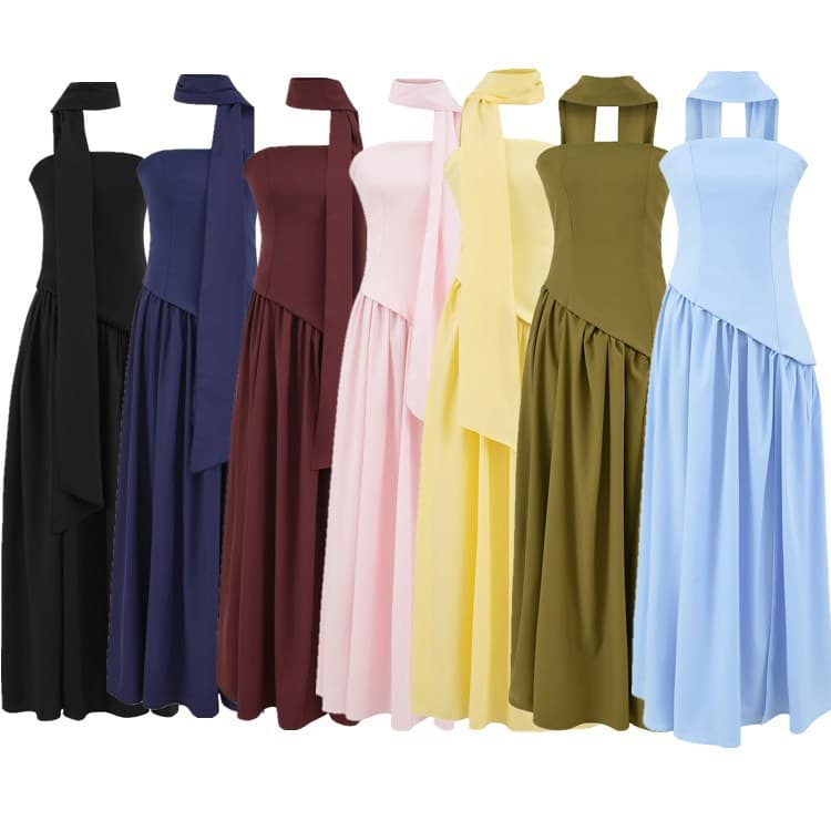 French Style Bow Tie Strapless Dress for Women Summer Design One-Shoulder High Slit Wrap Gown Long Dress