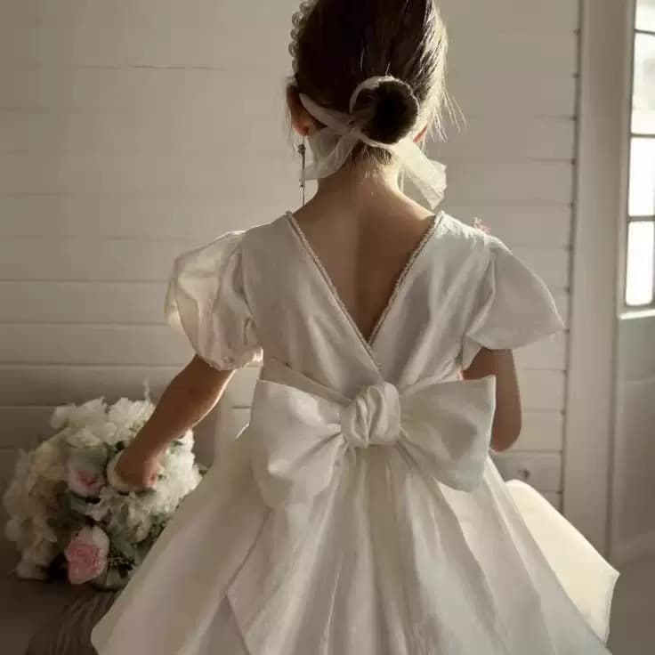 Girls Summer New Cotton Linen Dress 2026 Bow Dress Gold Trim Collar Bubble Sleeve Fashion Princess Dress