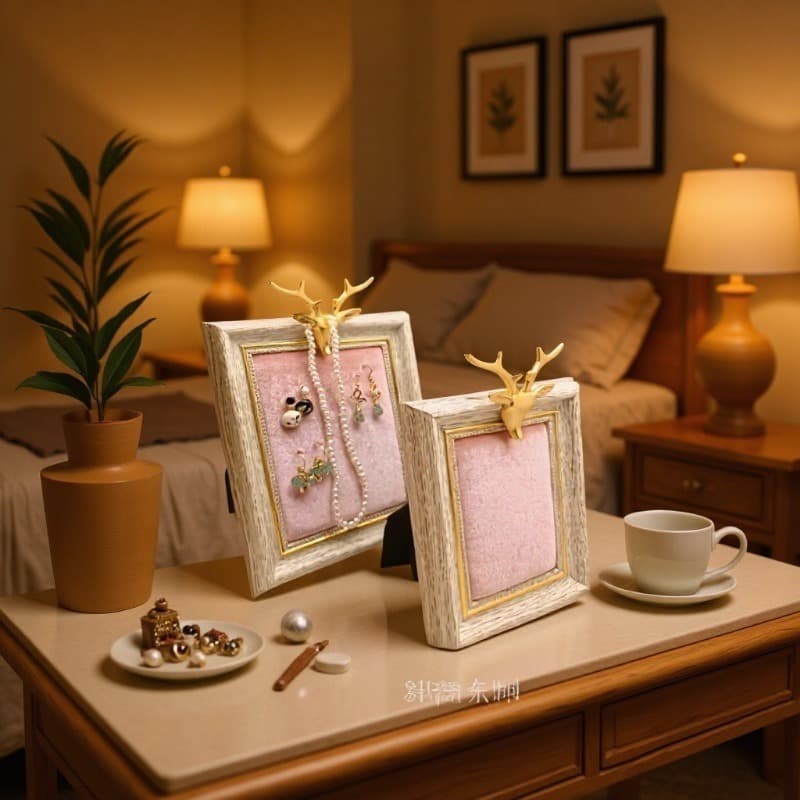 Pink Korean velvet fabric metal deer head photo frame jewelry stand, jewelry display rack storage box