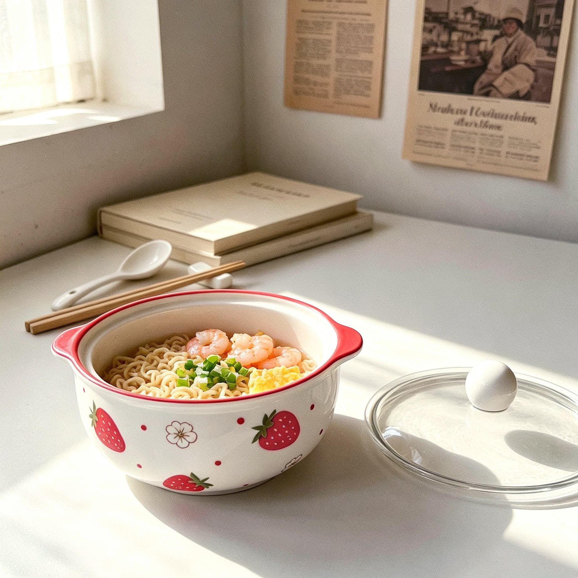 Underglaze Ceramic Noodle Bowl with Lid, Large Capacity Double-Handle Ramen Bowl, Business Team Building Gift