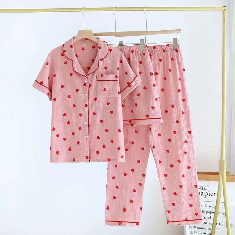 New Export Three-Piece Heart Print Pajama Set for Women, Homewear for Spring/Summer, Short Sleeve and Long Pants, Lightweight