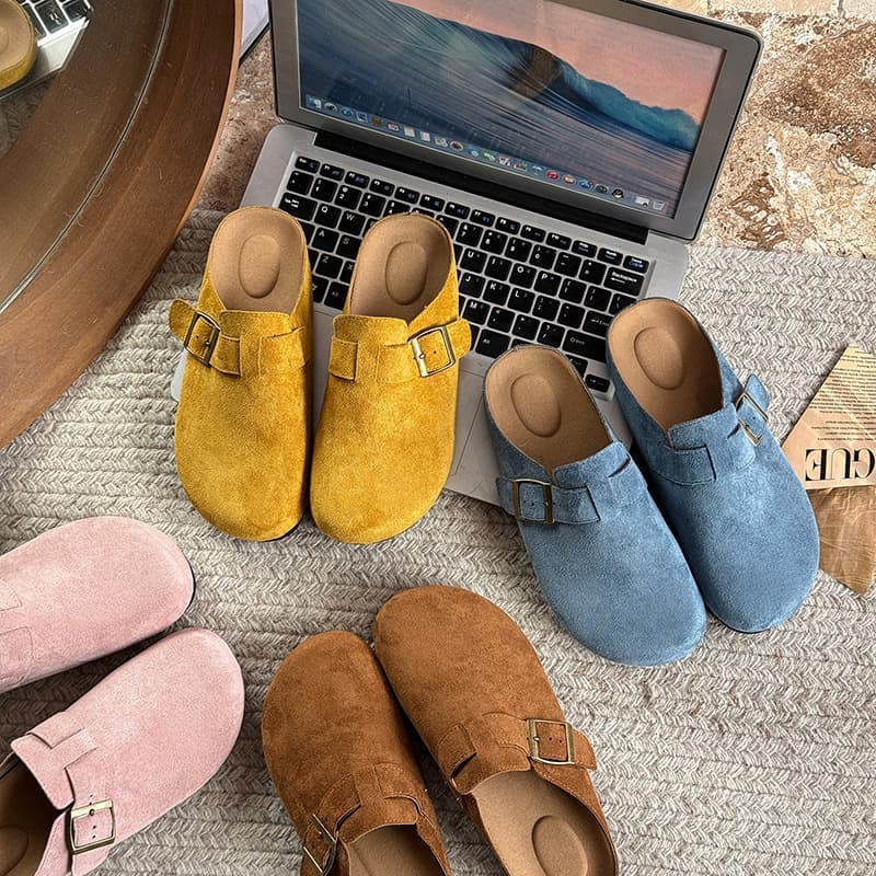 Large Size Roman Style Flat Bottom Sandals Women's Spring Summer Slip-On Shoes with Belt Buckle Velvet Material Leisure Footwear