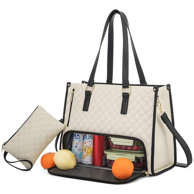 Ladies Lunch Tote Laptop Bag with Insulated Lunch Compartment Quilted Large Capacity Computer Tote Bag