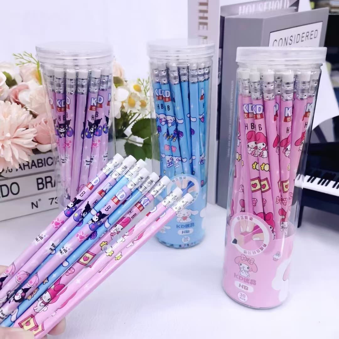 Kindergarten children learning stationery gift prizes cute cartoon stationery beginners holding pen triangular wooden pencil