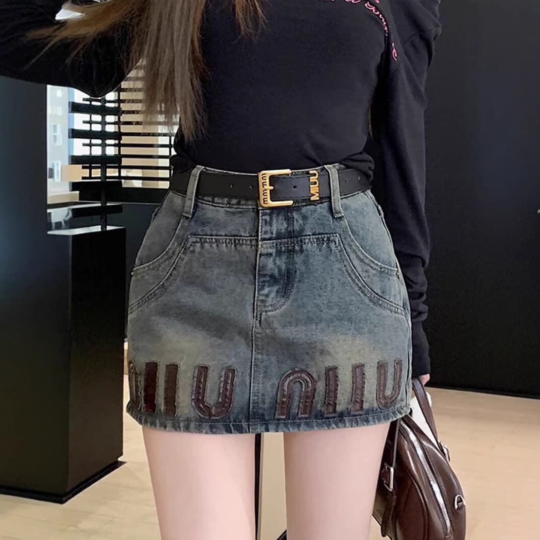 Retro Spicy Girl Design Denim Mini Skirt Women's Summer Autumn plus Size High Waist Slim A- Line Wrap Body Half-length Skirt