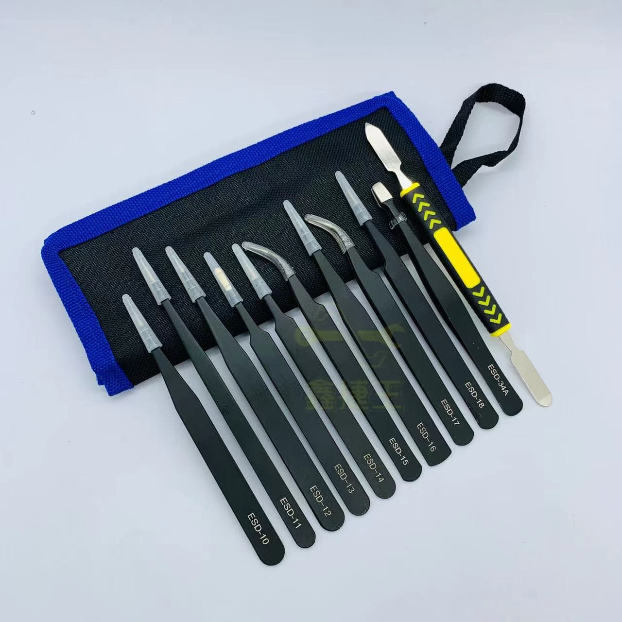 Black Tweezers Set ESD Stainless Steel Curved Pointed Anti-Static Repair Industrial Heavy Duty DIY ESD Anti-Static