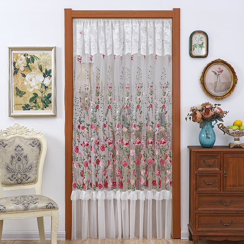 Vintage Handmade Studded Lace Long Door Curtain, No Drilling Required, Decorative Partition Sheer Curtain with Embroidery, New Style