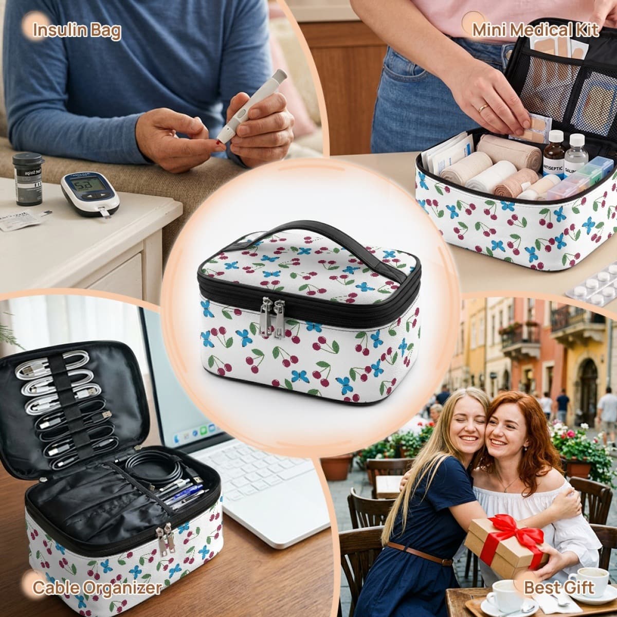Cute Cherry Element Makeup Bag Portable Cosmetic Bag Double-Layer Partition Toiletry Storage Multifunctional Organizer