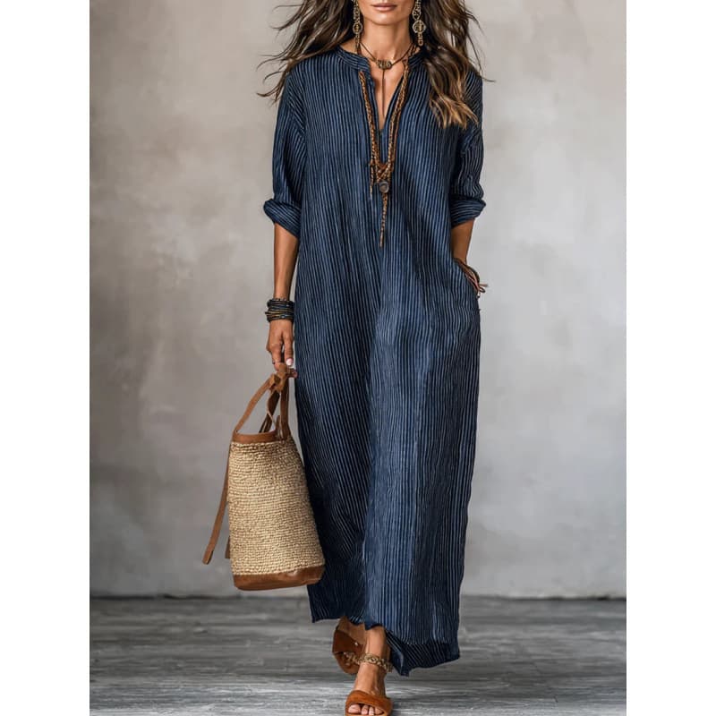Export Women's Clothing Amazon New Cross-Border European and American Fashion V-Neck Striped Design Elegant Loose Casual Dress
