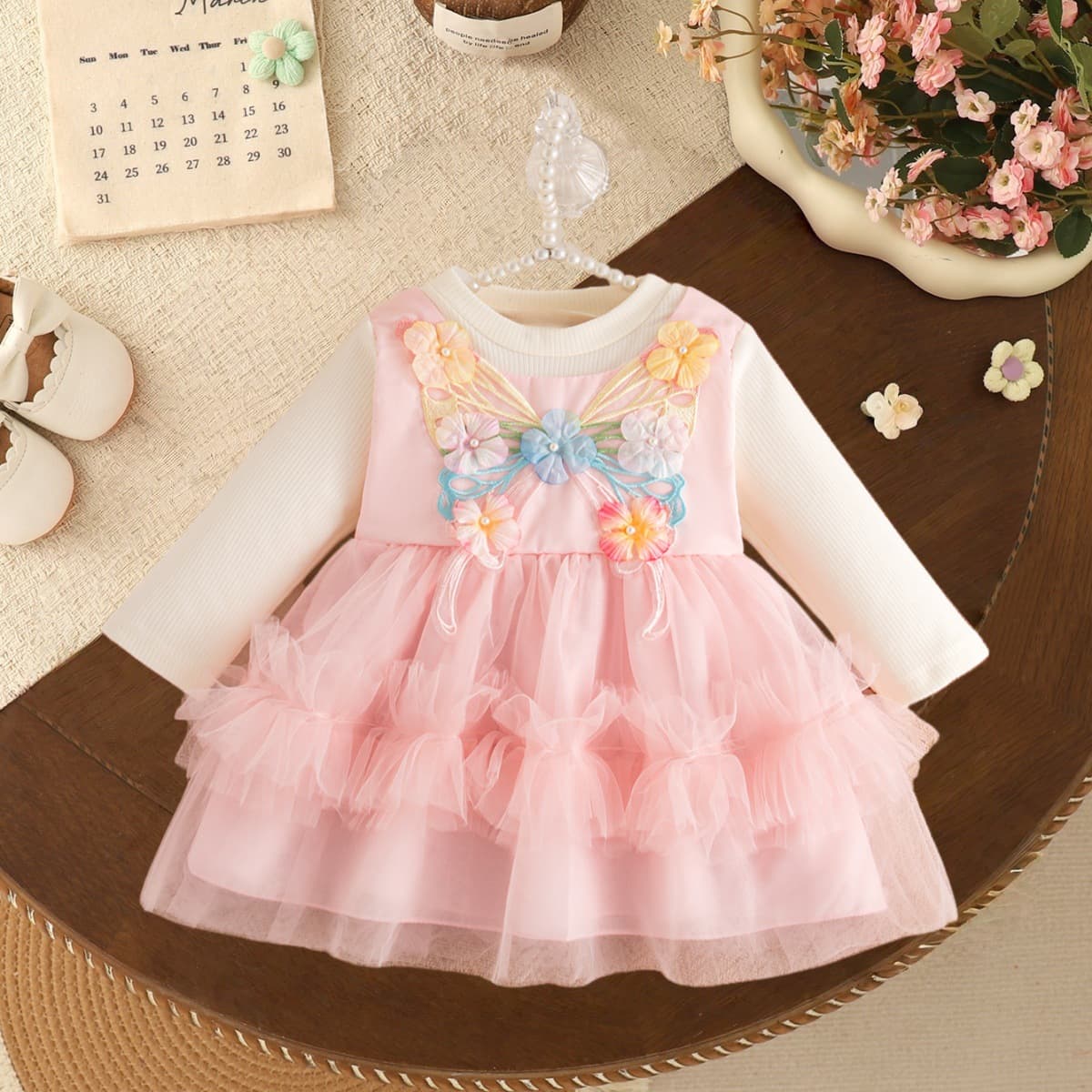 Baby Girl Dress Autumn Winter New Princess Dress Butterfly Long Sleeve Tulle Skirt Sweet Floral Dress