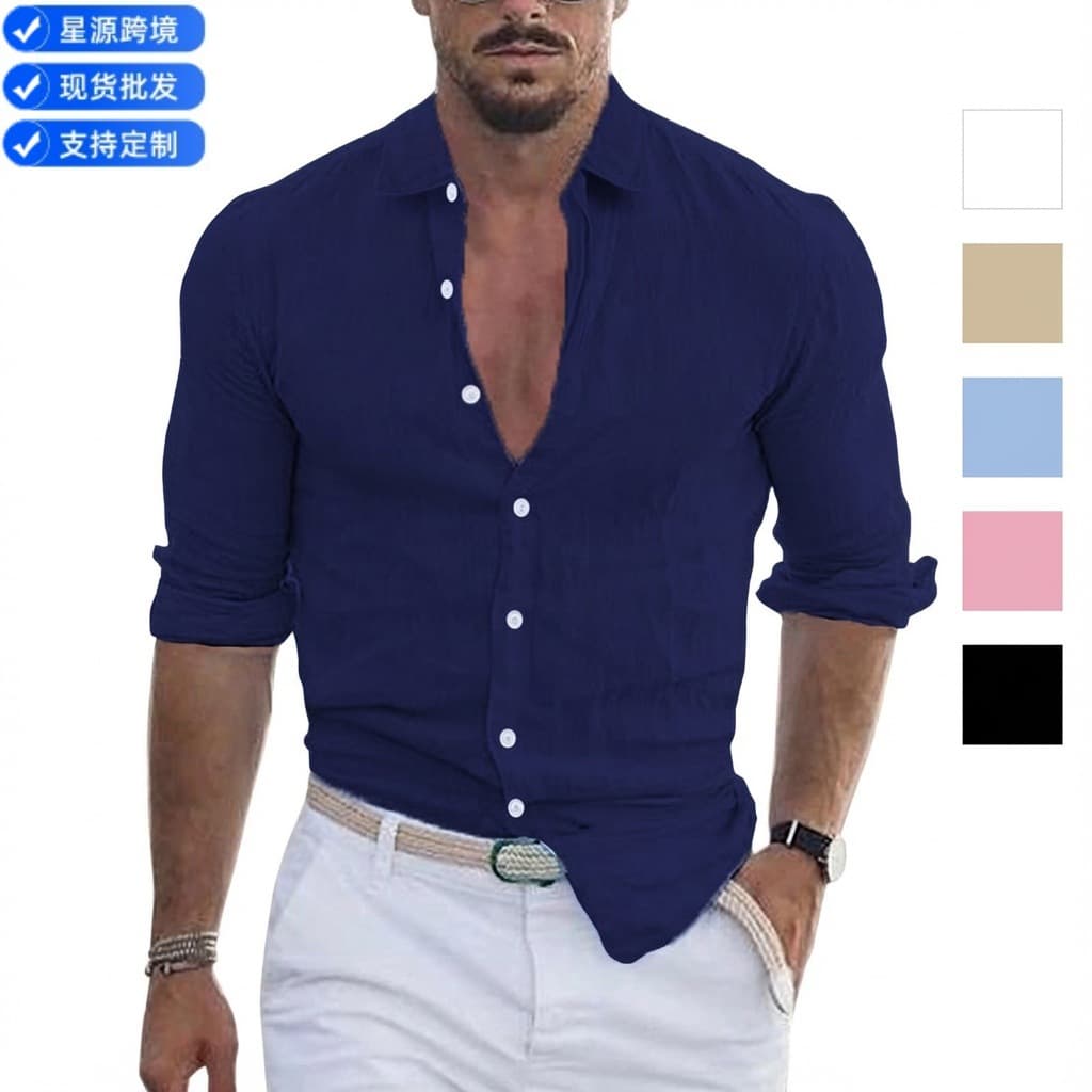 Men's Summer Cotton Linen Long Sleeve Turn-down Collar Beach Shirt Solid Color Hawaiian Holiday Loose Fit Casual Shirt