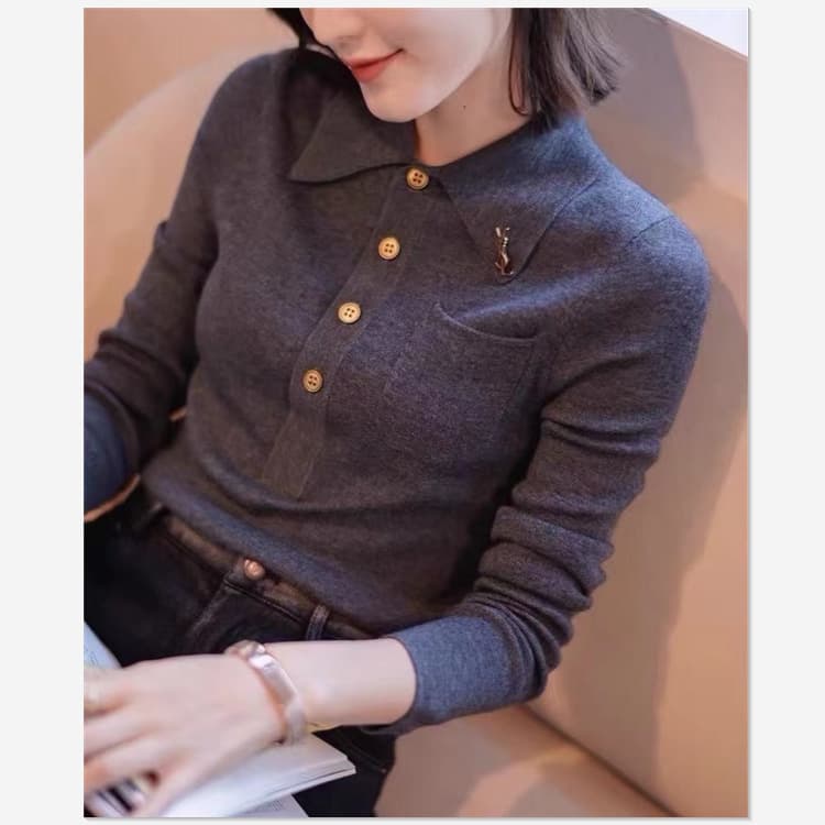 Turn-Down Collar POLO 2023 Autumn New Arrival Plus Size Women's Long Sleeve Knitted Wool Base Layer, Solid Color Outerwear, Wholesale One-Piece Drop Shipping