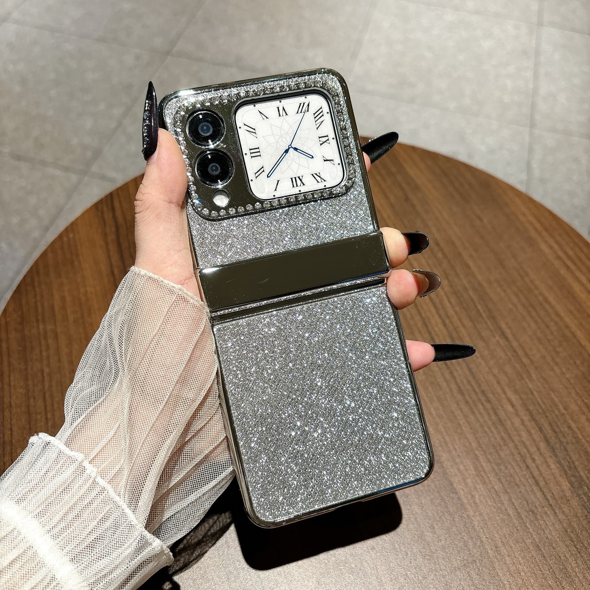 Case for Samsung Z Flip 6, Z Flip 5 Foldable Phone Case with Small Rhinestones and Glitter, Hinge Protection, Shockproof Leather Cover