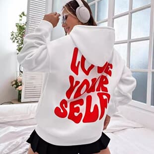 Cross-border Women's Fleece Hoodie 2024 New Back Letter Print Hoodie Drop Shoulder Ribbed