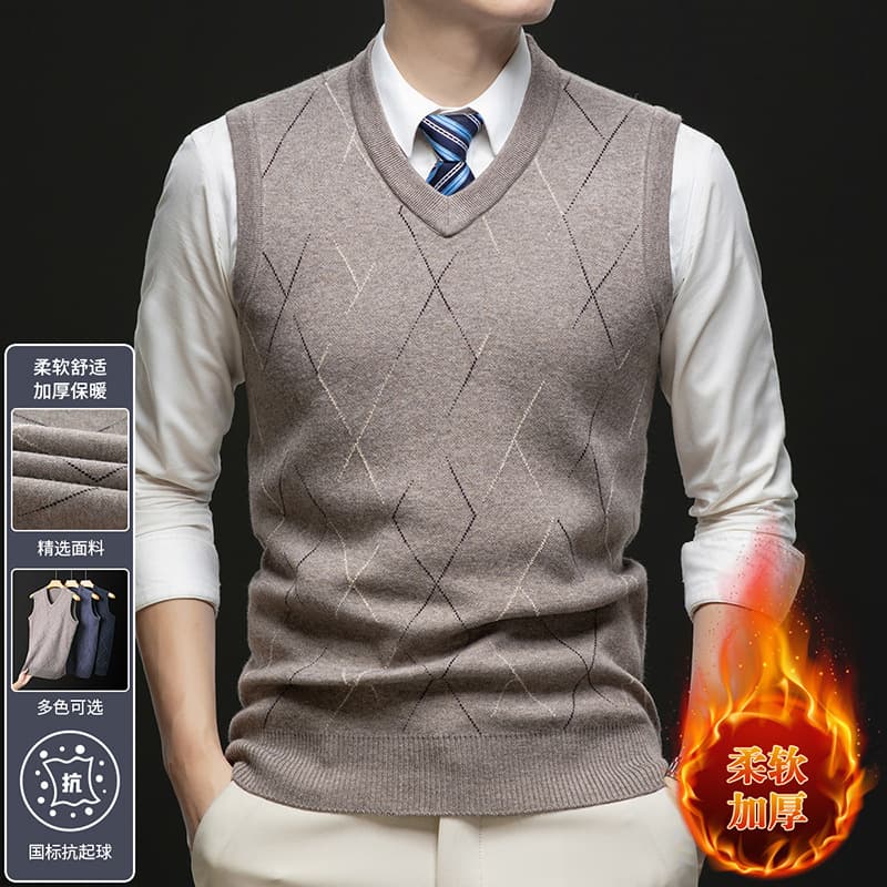 Men's V-Neck Thick Diamond Pattern Sleeveless Sweater Vest Cardigan for Middle-Aged and Elderly