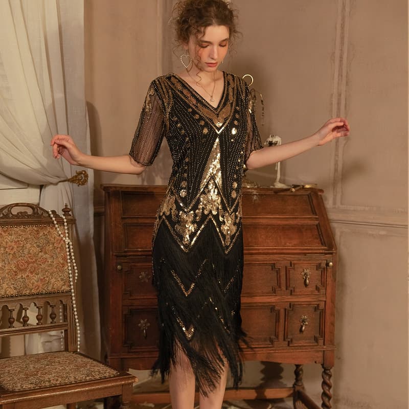 European and American Vintage 1920s V-neck Double Layer Fringe Dress Gatsby Cocktail Party Sequin Beaded Dress