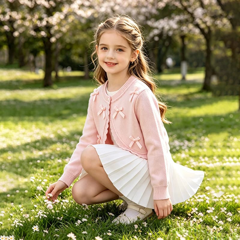 Girls 3D Bow Short Knit Cardigan Round Neck Sweater Coat, Kids Outerwear Shawl for Autumn and Winter, Versatile Style