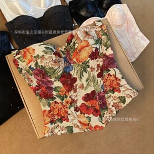 Vintage Retro Floral Print Monet Oil Painting Fishbone Camisole Tight Bustier Corset Dress Women Backless