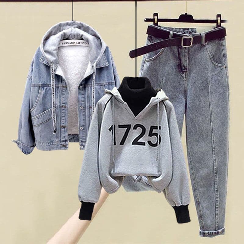 Fall/Winter Fleece-Lined Hooded Warm Shearling Denim Jacket High-Waist Harem Jeans 3-Piece Fashion Set