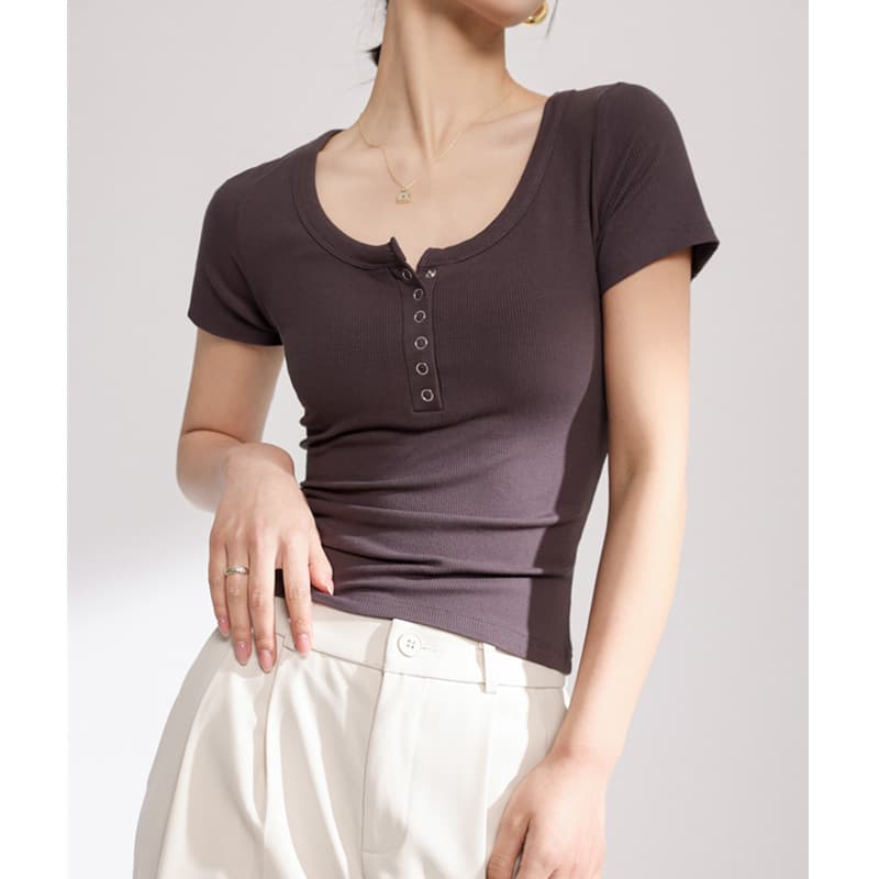 Threaded Regular Shoulder T-Shirt in Heather Grey Short Sleeve Women's Summer Tight Fit Chic U-Neck Off-Shoulder Top Half Sleeve