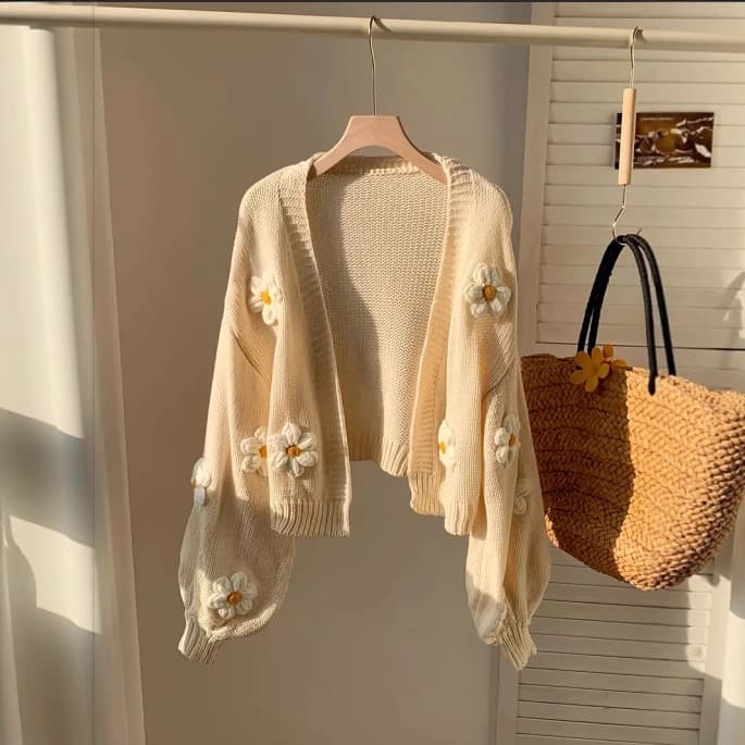 Korean 3D Embroidered Floral Lantern Sleeve Sweater, Loose Autumn/Winter Knit Cardigan for Women, Cross-Border Amazon