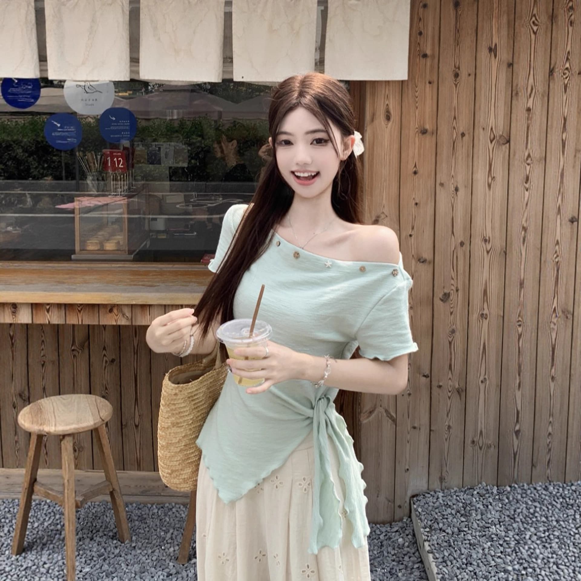 Korean-style off-shoulder irregular short-sleeve T-shirt for women, summer design with cinched waist, tie-up, and slit top