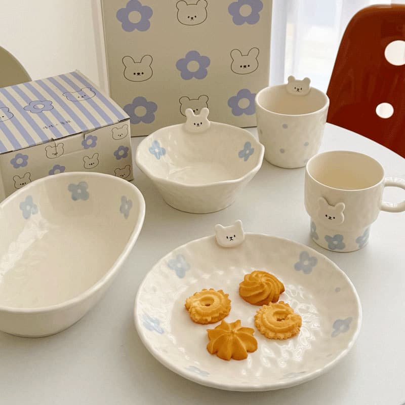 Emotional Bear & Rabbit Underglaze Color Internet-Famous Tableware Set: Cute Fruit Plate, Dessert Bowl, Plate, Breakfast Bowl & Plate Set