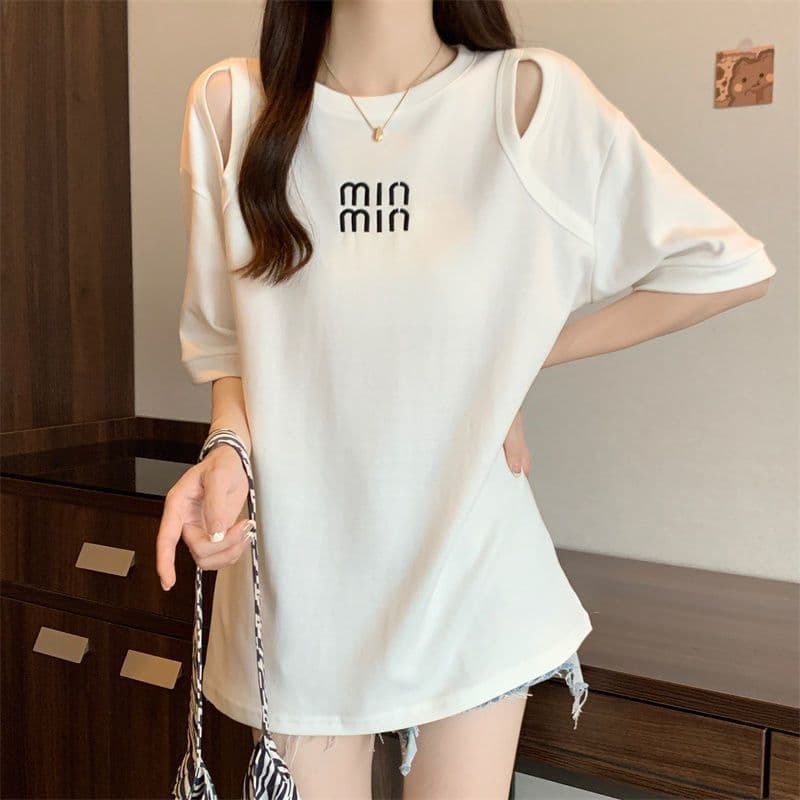Plus Size Design Sense Mid-Length Hollow-Out Short-Sleeve T-Shirt Women Summer New Korean Style Base Layer Slimming Embroidered Top