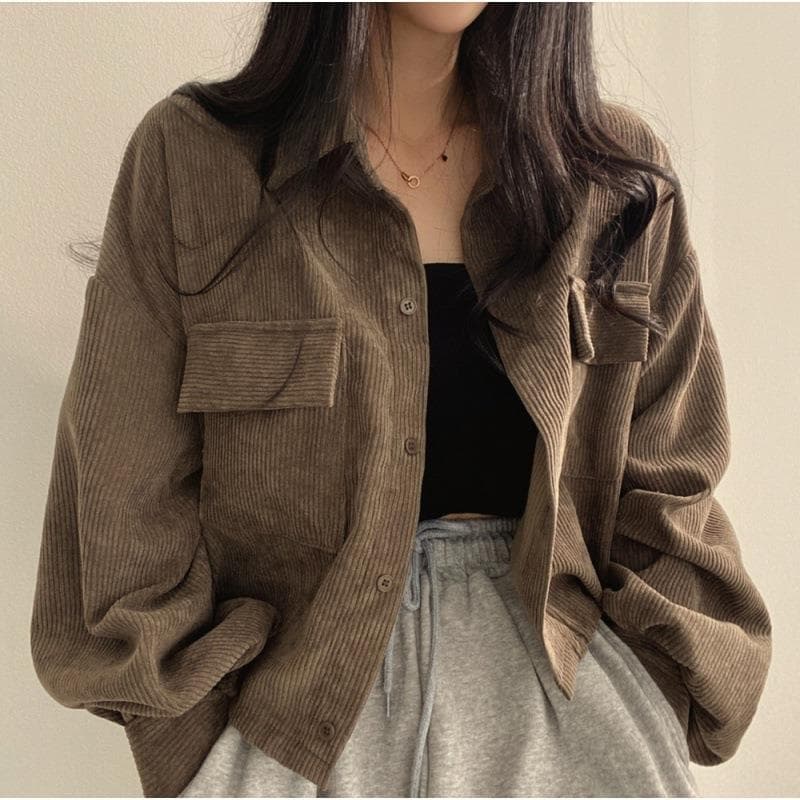 Women's Vintage Loose-Fit Corduroy Thickened Long Sleeve Shirt Jacket Spring Autumn New Style Salt System Clothing