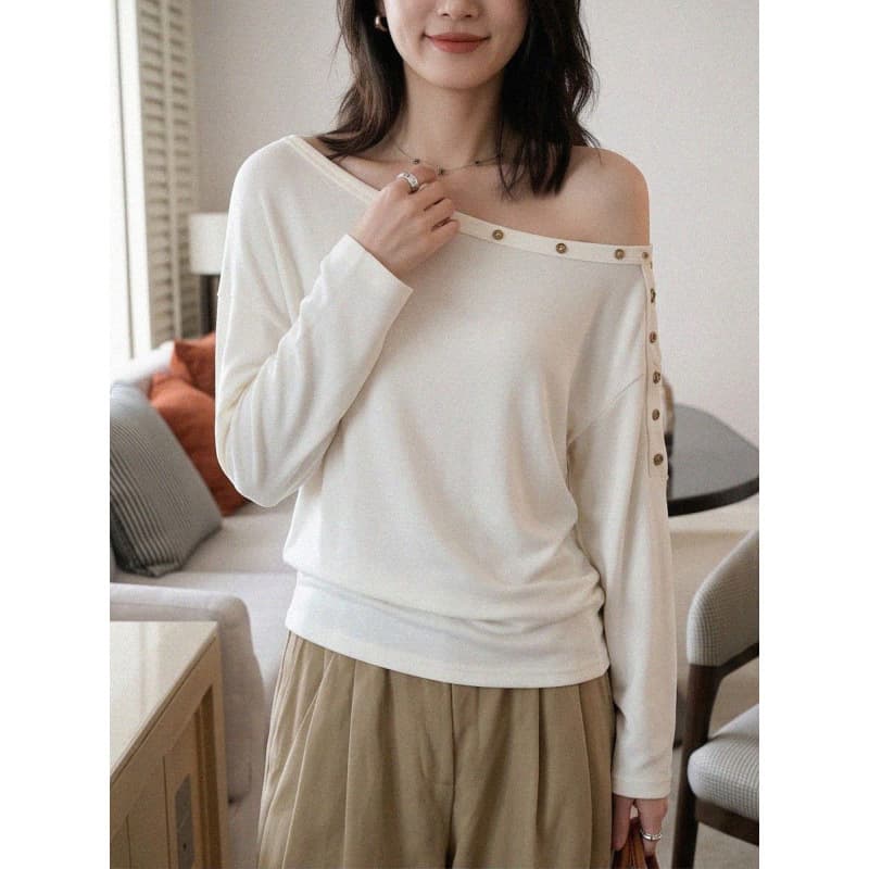 American INS Style White Stand Collar Long Sleeve T-Shirt Women Early Autumn Hot Girl Mid-Length Half Button Slim Fit Top