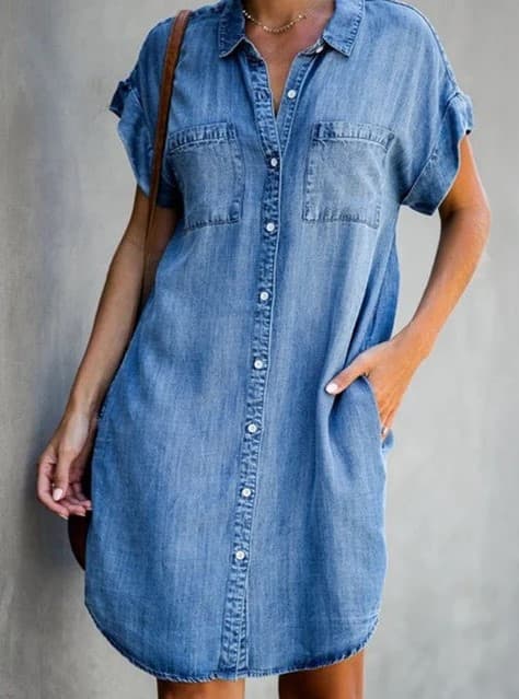 Independent website hot style, hot selling in Europe and America, short-sleeved slim denim dress, mid-length skirt