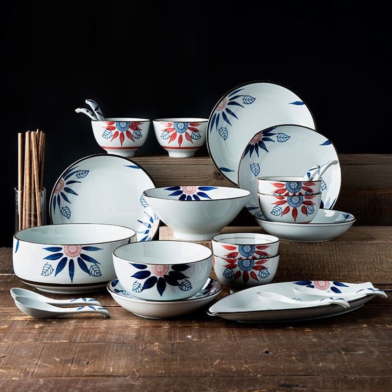 Korean rice bowl Japanese underglaze color tableware set plate bowl set family combination tableware home creative ceramics