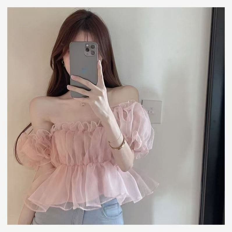 Women's Off-Shoulder Solid Color Top 2025 Summer New Slimming Sweet Square Neck Bubble Sleeve Blouse Fashion