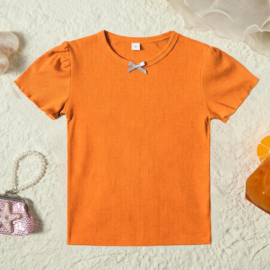 2026 New Girls' Summer Top with Bow, Ribbed, Ruffle Hem, Minimalist Solid Color Short-Sleeve Kids Top
