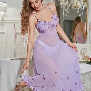 European and American Cross-Border Sexy Lingerie Sleepwear Push-Up Slimming Strap Nightgown Long Mesh Nightgown Women's Summer Wholesale