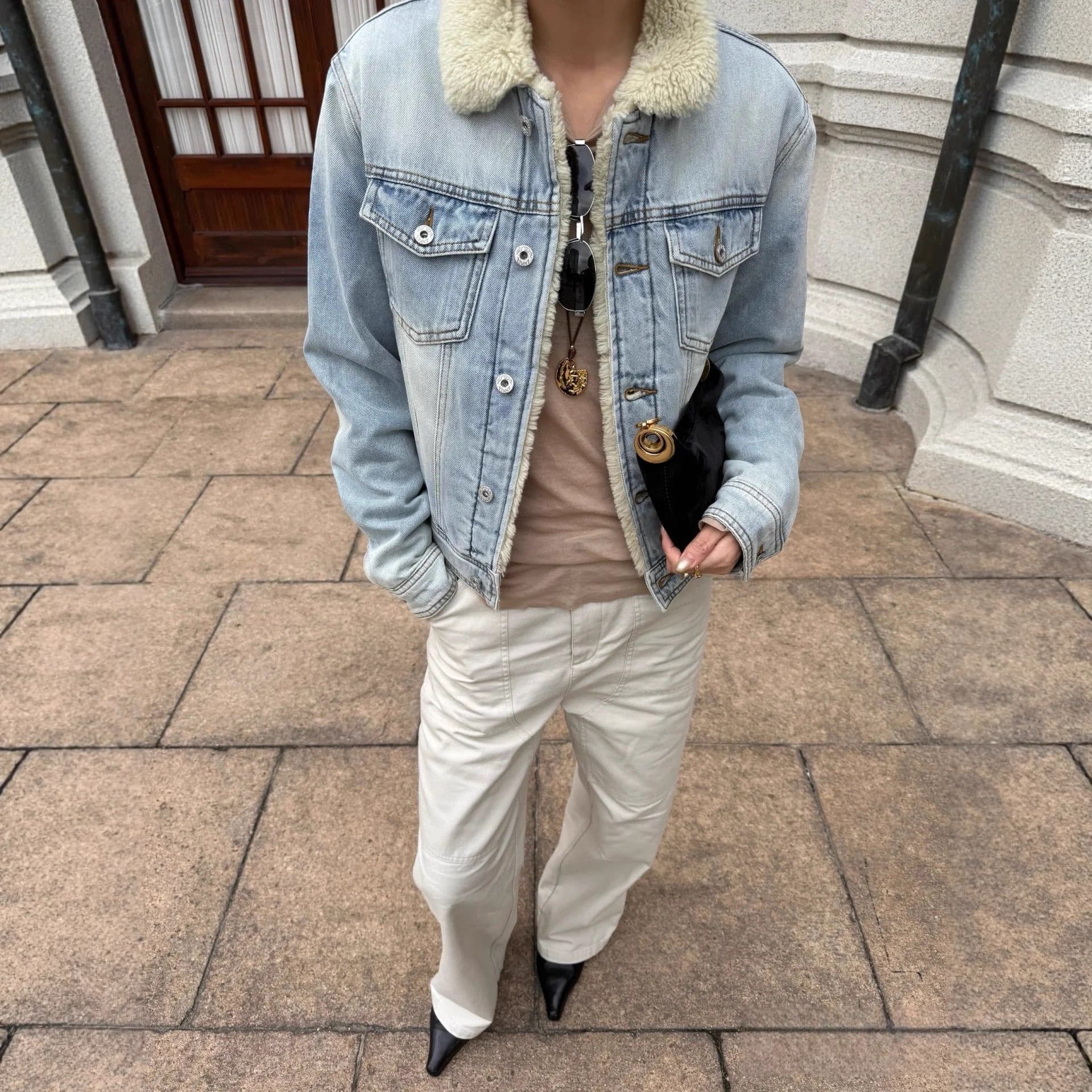 Autumn/Winter New Arrival Plaid Lined Thick Shearling Quilted Denim Washed Retro Padded Jacket Coat for Women 5023
