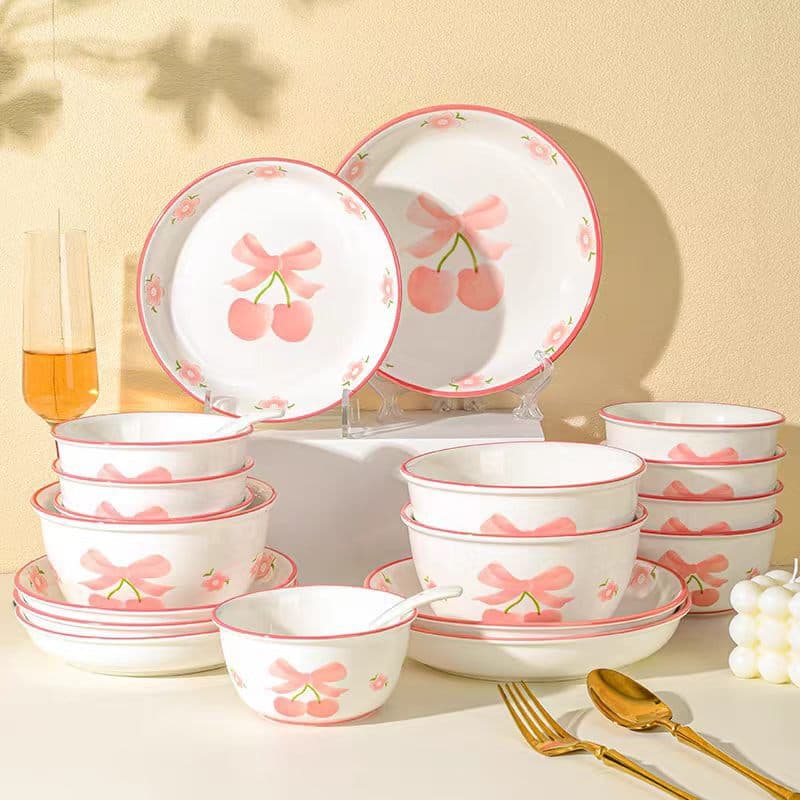 Good-looking pink cherry cute ceramic bowls and plates for home rice bowls, vegetable plates, salad bowls, deep soup plates, internet celebrity tableware