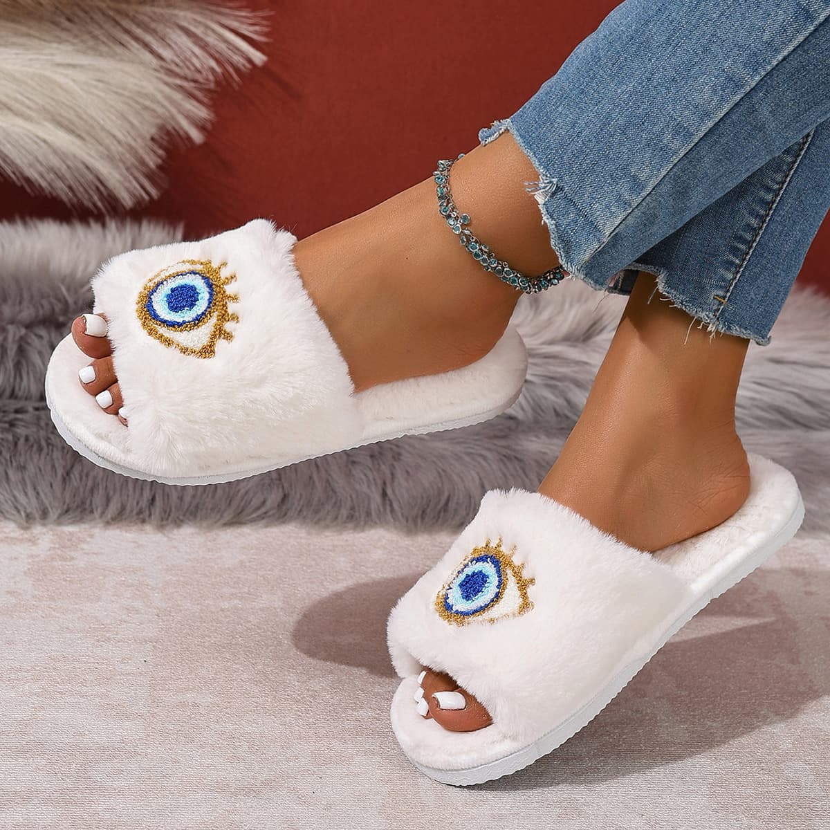 New comfortable home devil's eye warm winter cotton slippers for couples men and women thick-soled soft-soled shoes thickened and non-slip