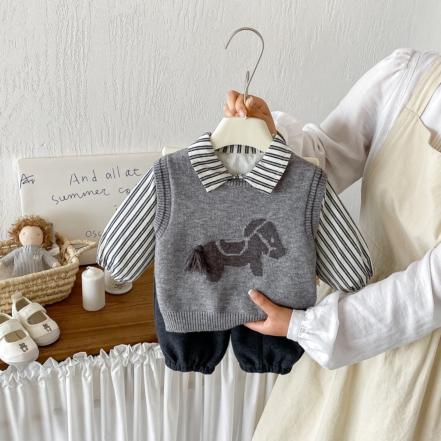 Dianxi autumn baby boy Korean striped shirt infant cartoon sweater vest casual leggings three-piece set