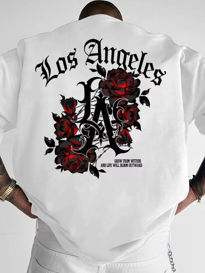 Men's Gothic Street T-Shirt Los Angeles LA & Red Rose Print Pattern Sailor Collar Short Sleeve Polyester Top S-X
