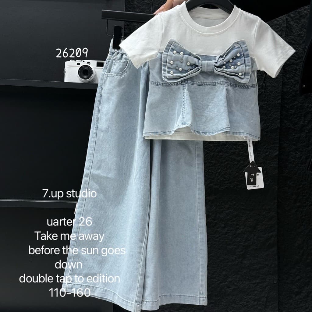 Girls Kids Set Spring Summer European American Style Bow Rhinestone Denim Big Kids Two-Piece Set 110-160