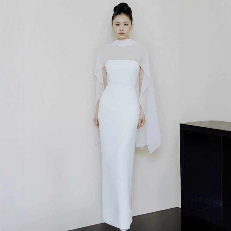 Elegant Bridal Morning Robe Hostess Evening Dress Luxury Long Cape Ribbon Banquet Gown
