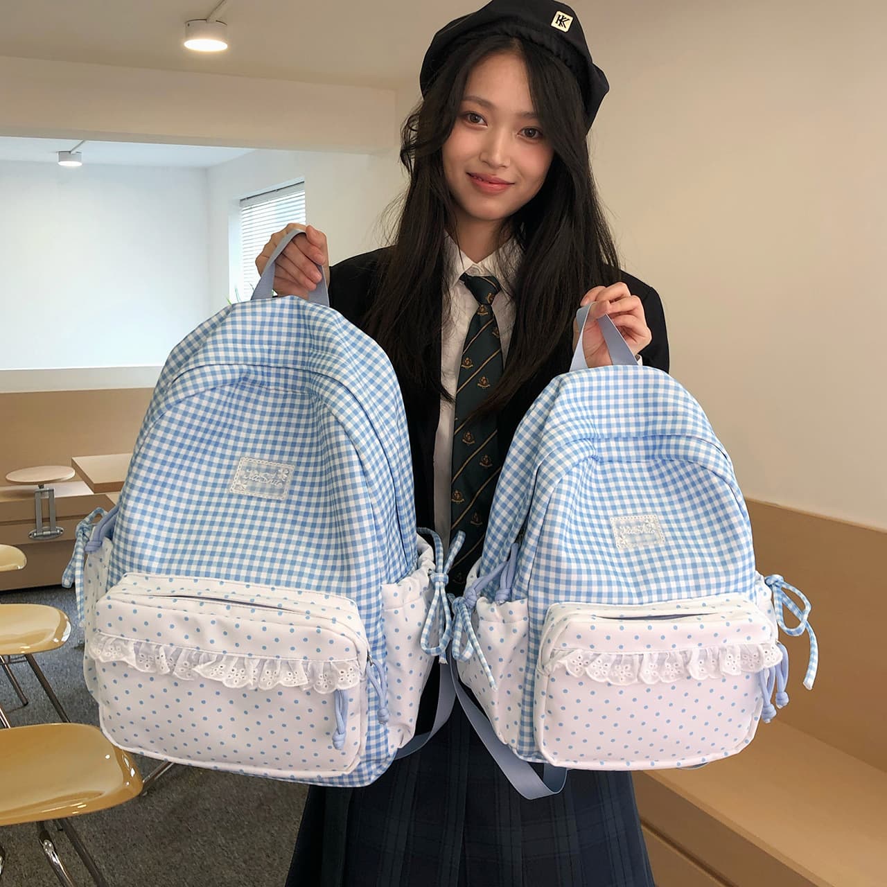 Korean-style fresh plaid and polka dot backpack, girly lace small backpack for middle school, high school, and college students commuting bag