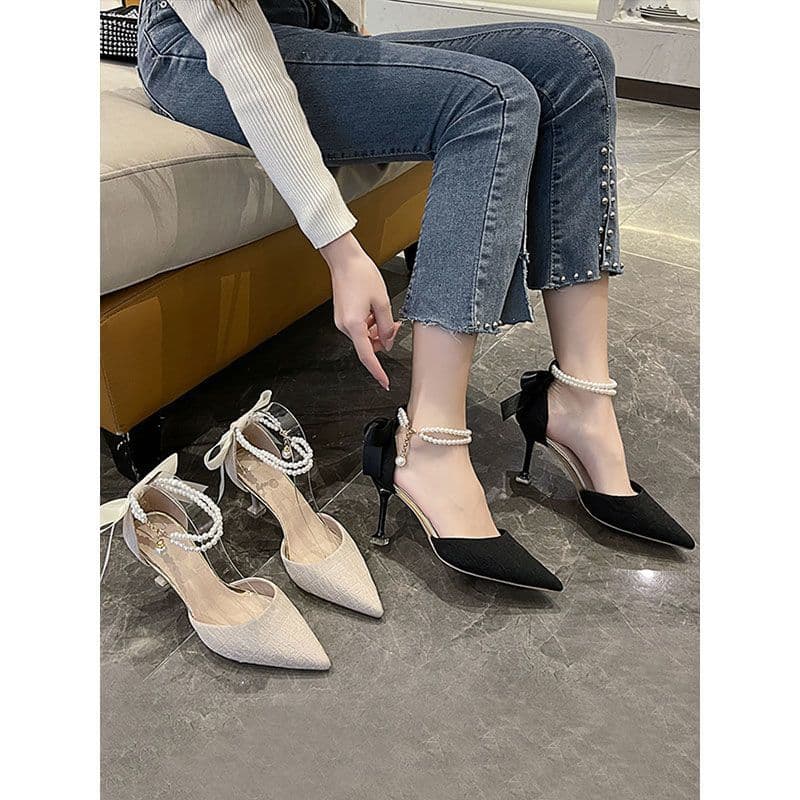 Pointed-Toe Slingback Sandals 2025 Spring New Style Elegant Chic Thin Heel Pearl Chanel-Style Bow High Heels