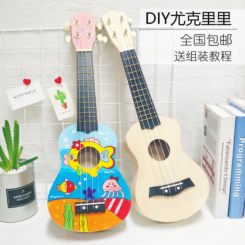Children's Day DIY Ukulele Assembly Kit, Handcraft Material Set for Painting and Wooden Graffiti