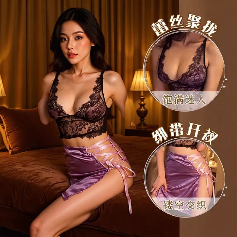 Sexy Lingerie Secretary General Bare Back Set Sexy Deep V Bare Back Hip-Hugging Temptation Purple Nightgown Style Uniform