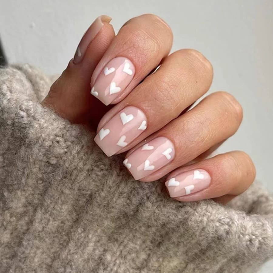 Nude White Halo Heart Short Square Wear Nails Gentle Clear Minimalist Nail Art Temperament Finished Products Can Be Wholesale